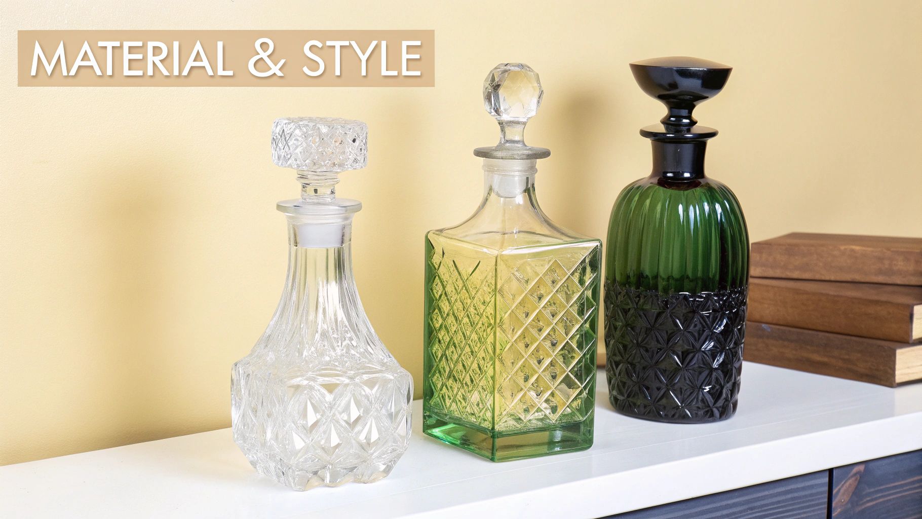 Three elegant glass decanters, clear, green, and dark, with intricate patterns on a white shelf.