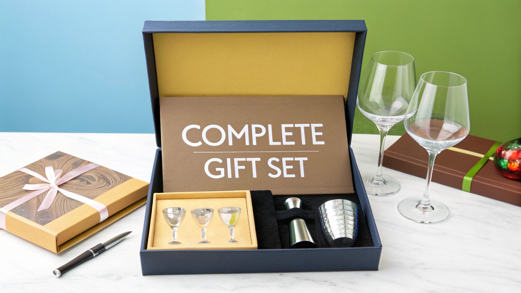 Premium bourbon gift set with cocktail shakers, miniature glasses, and bar accessories in elegant presentation box
