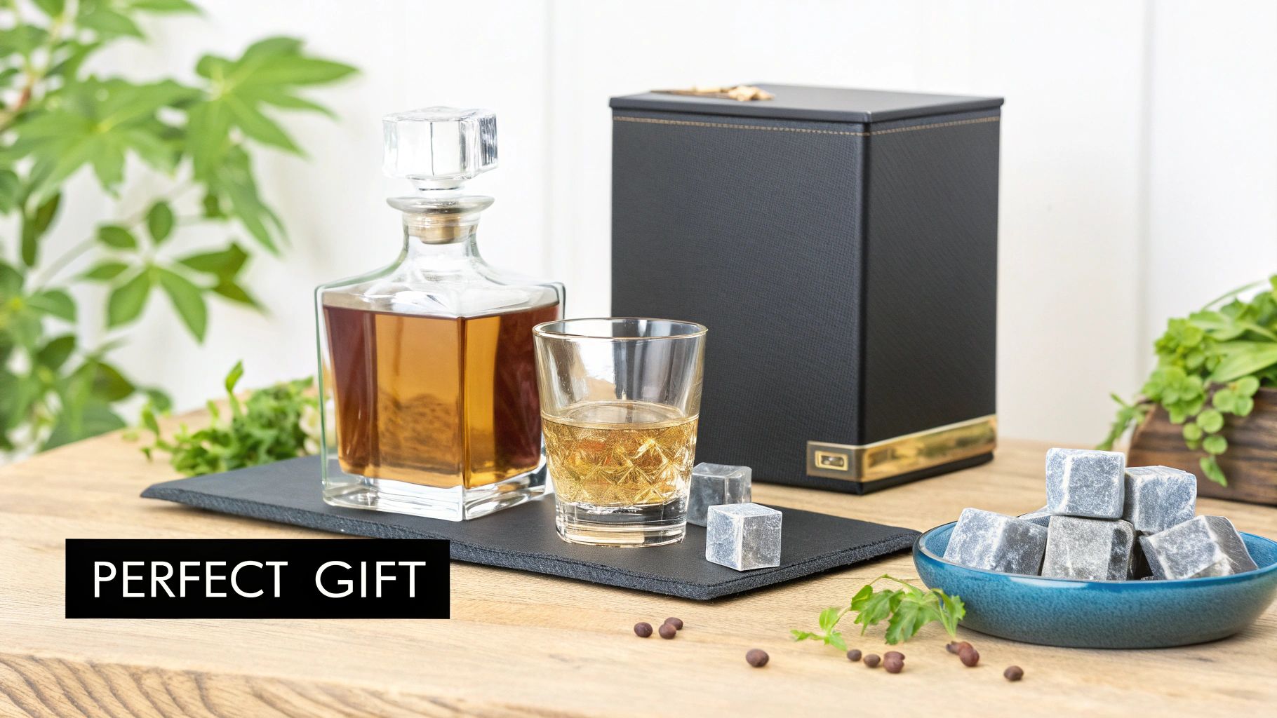 Elegant whiskey decanter set with a glass, chilling stones, and a sophisticated gift box.