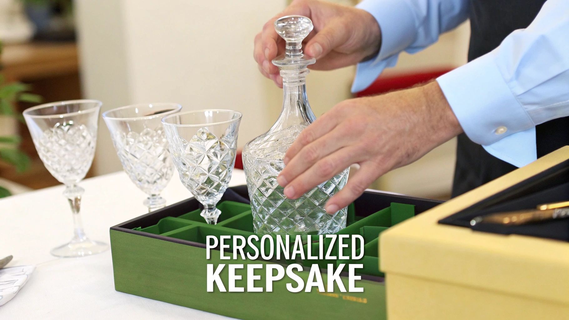 A person putting a diamond-cut crystal decanter into a personalized green keepsake box alongside matching glasses.