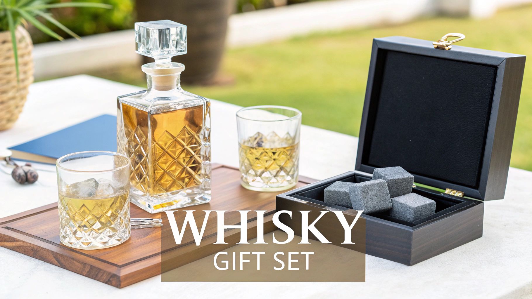 A stylish whisky gift set with a decanter, glasses, and chilling stones on a wooden tray outdoors.