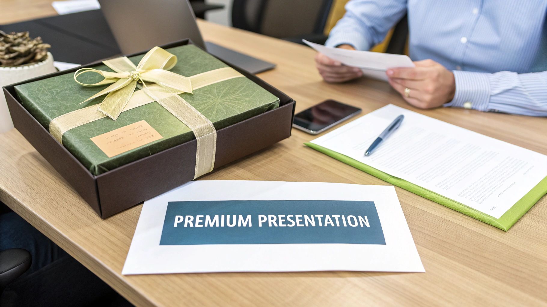 A premium gift box with green wrapping on a business desk, alongside 'PREMIUM PRESENTATION' document.