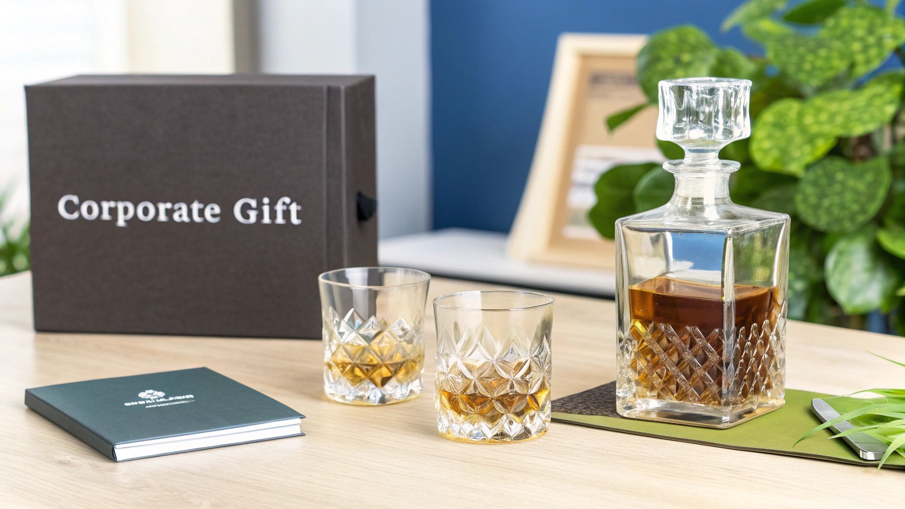 A corporate gift set featuring a crystal whiskey decanter, two glasses, and a dark box on a wooden table.