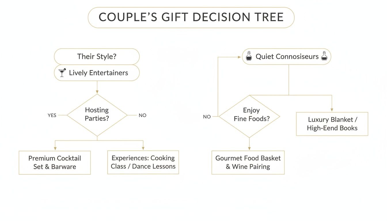 A couple's gift decision tree flowchart suggests presents based on their style and preferences.