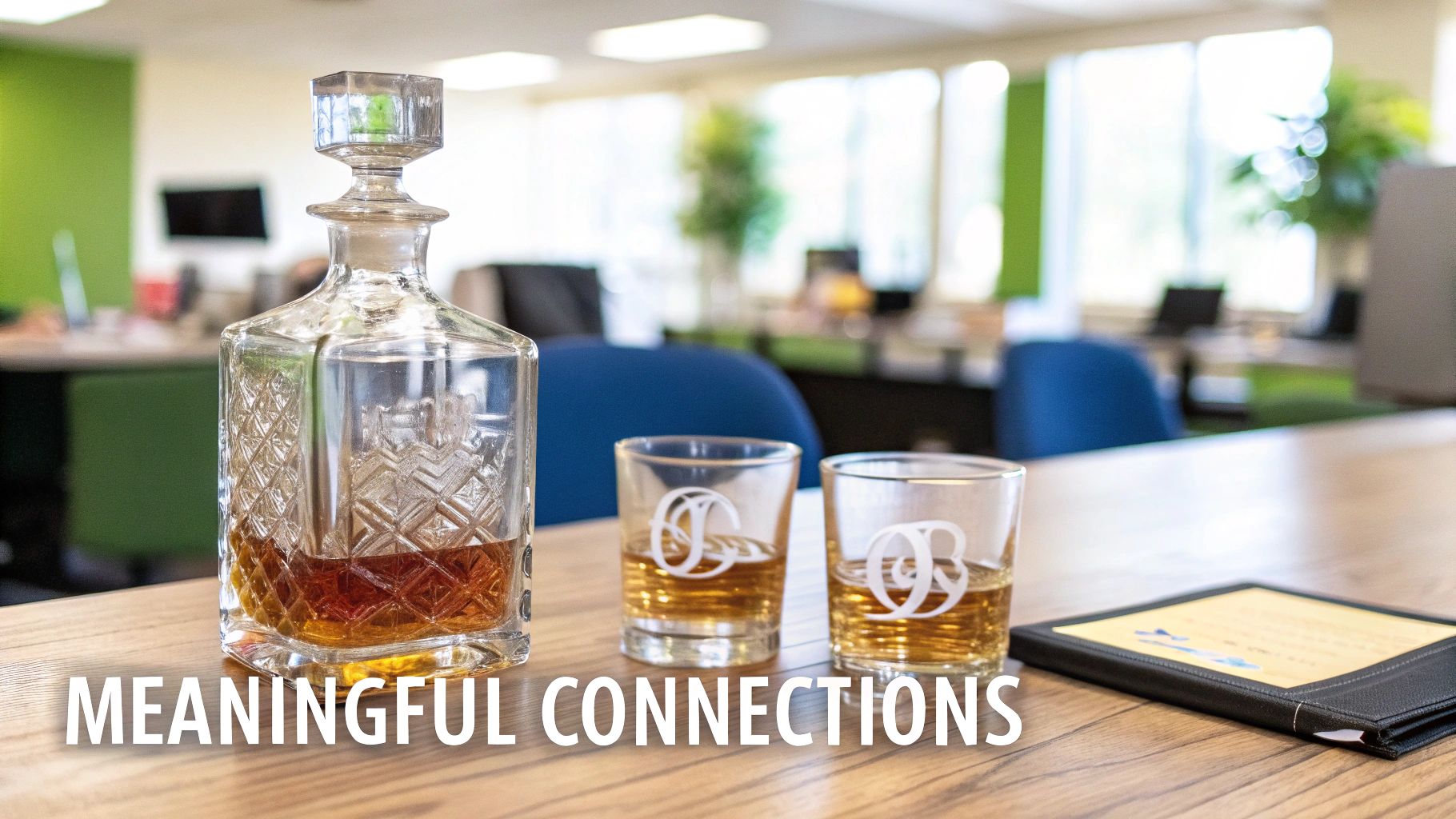 A personalized corporate gift set featuring a decanter, whiskey glasses, and chilling stones.