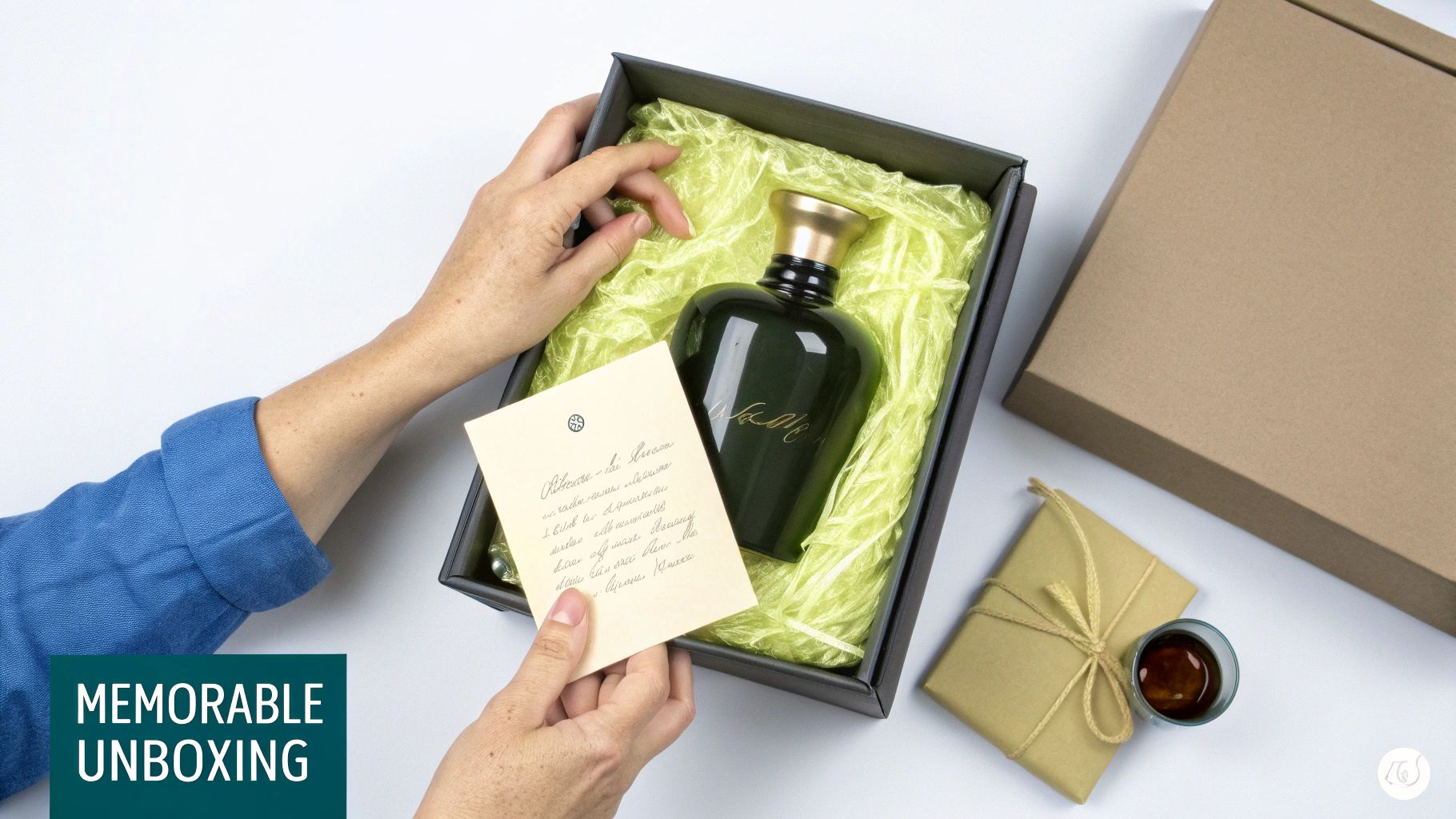 A person's hands unboxing a dark green bottle with a gold top from a gift box, revealing a handwritten note.