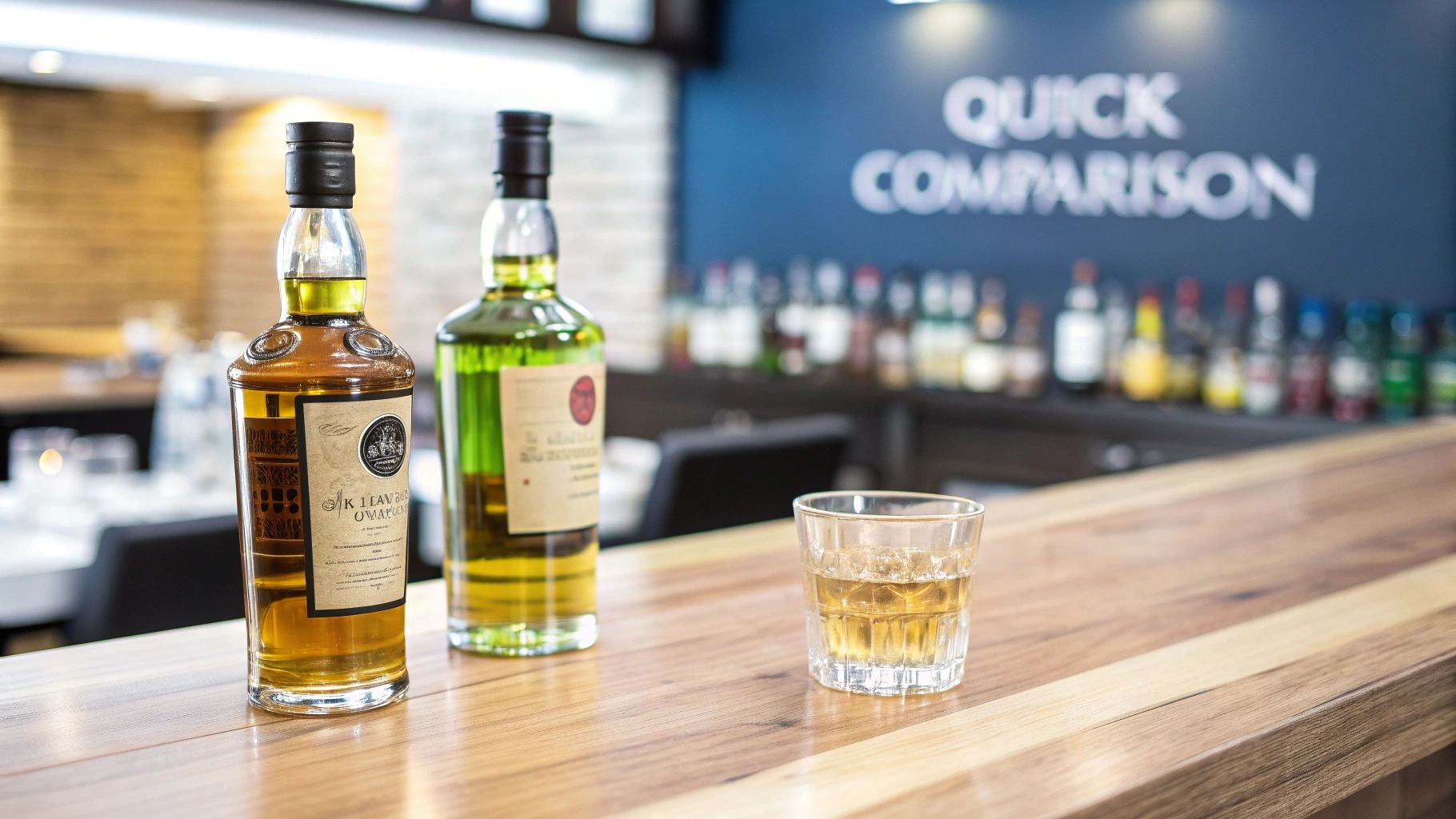 Two distinct bottles of whiskey and a glass with ice sit on a wooden bar.