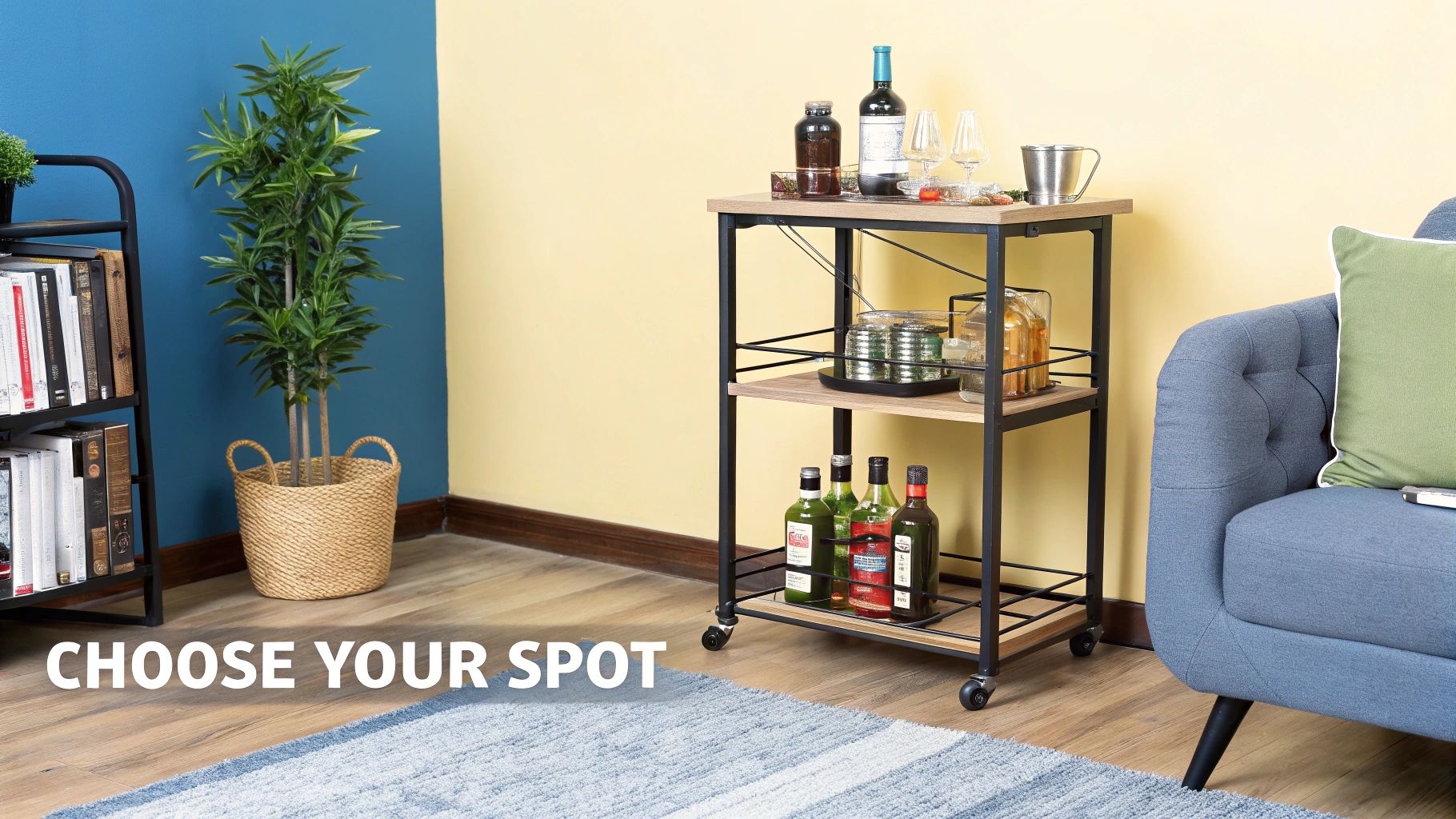 A stylish home bar cart with drinks and glasses, positioned next to a comfortable blue sofa.