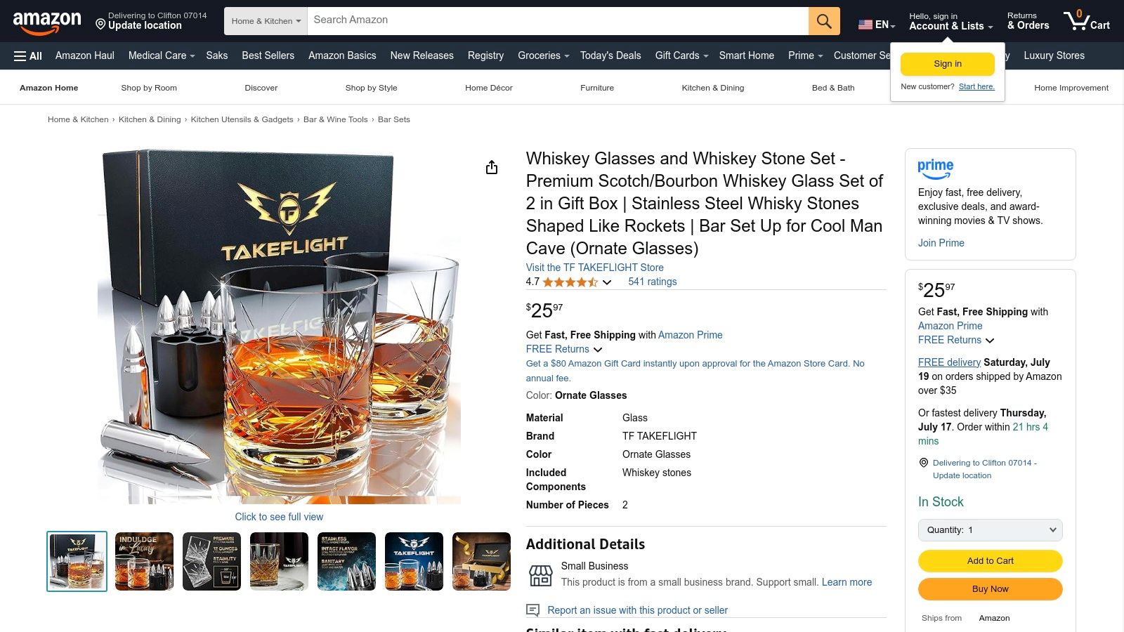 A set of whiskey glasses with bullet-shaped whiskey stones, displayed on Amazon's product page.