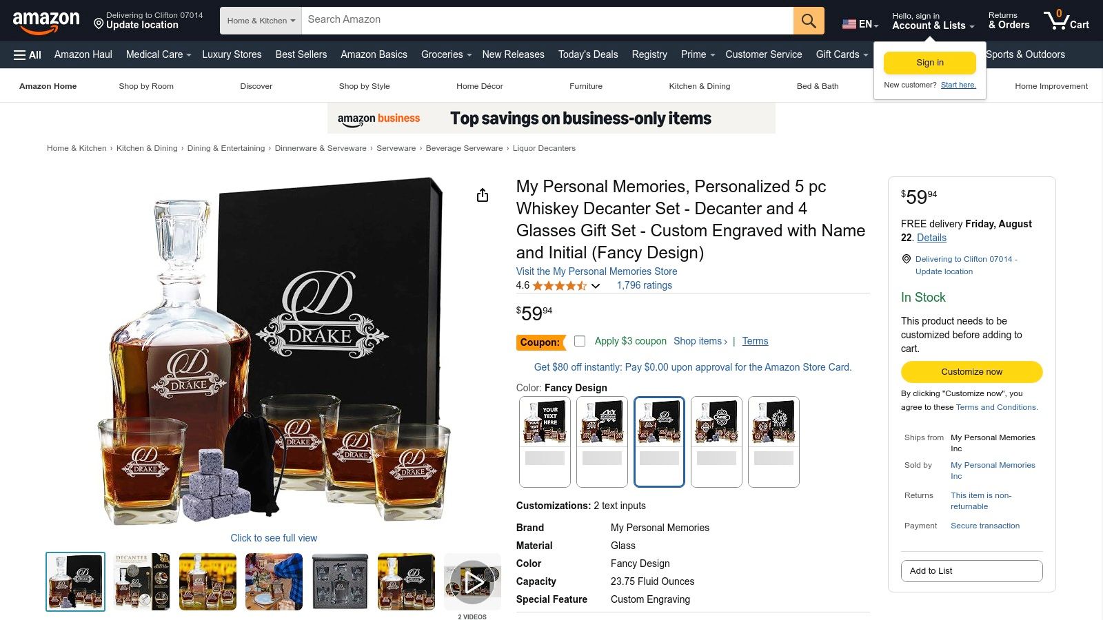 Engraved decanter set options available on Amazon