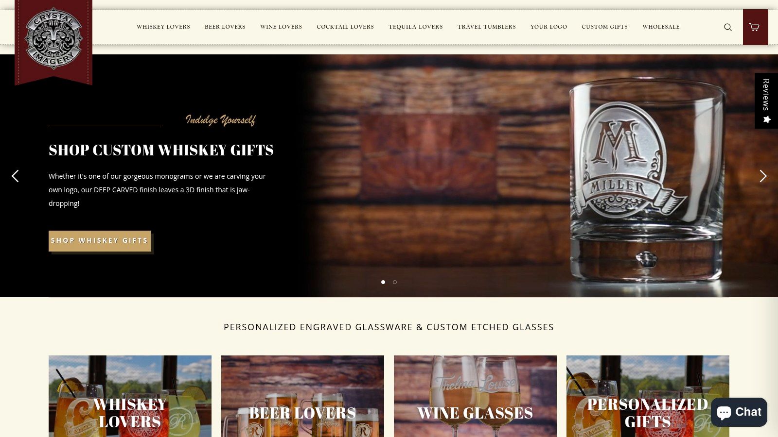 A screenshot of the Crystal Imagery homepage featuring deeply etched custom whiskey glasses.