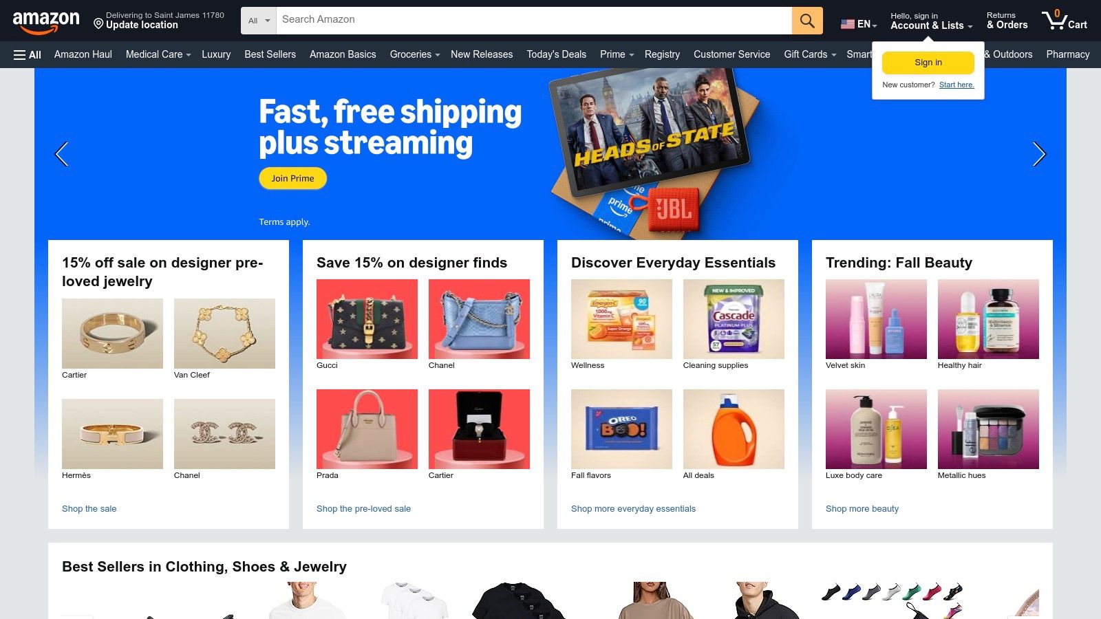 A screenshot of the Amazon homepage showing a search bar and various product categories.