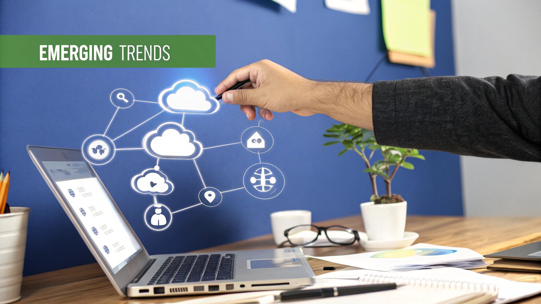 Illustration of interconnected cloud services and emerging technologies