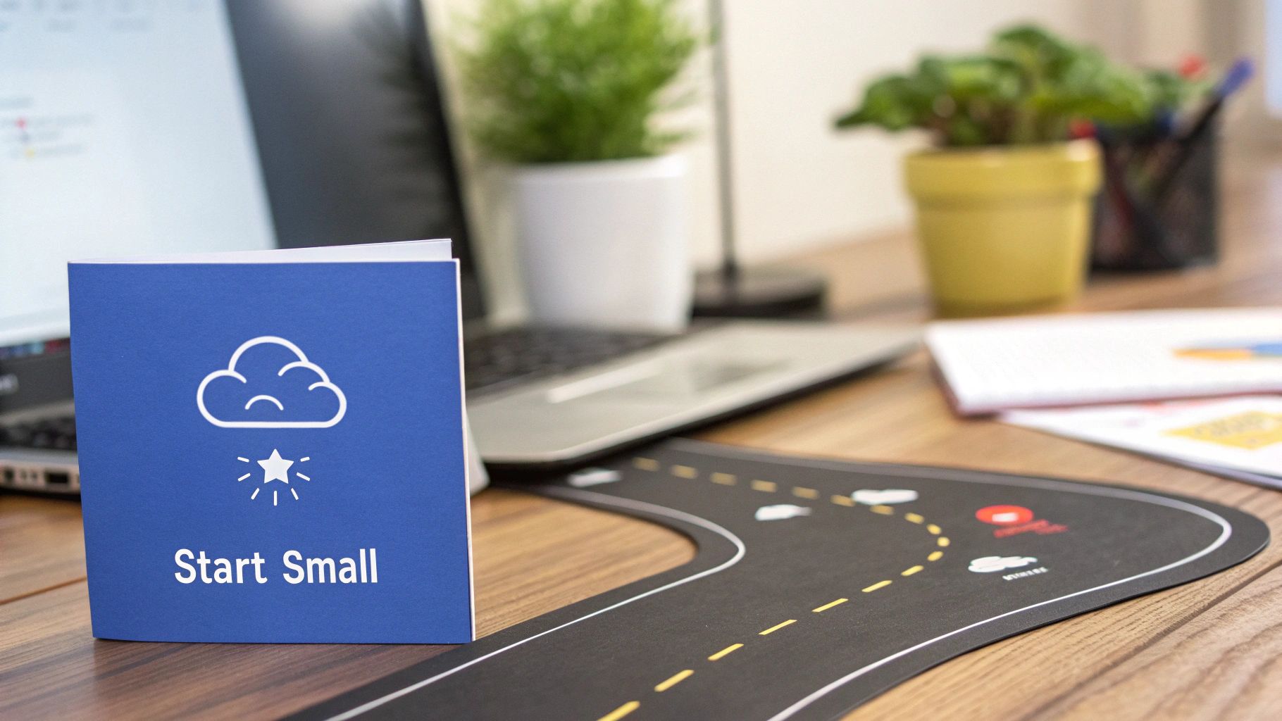 Blue card with cloud icon and Start Small text on desk with laptop and office supplies