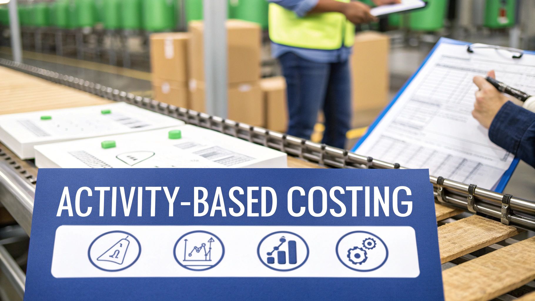 A sign for Activity-Based Costing in a warehouse with workers managing inventory and costs.