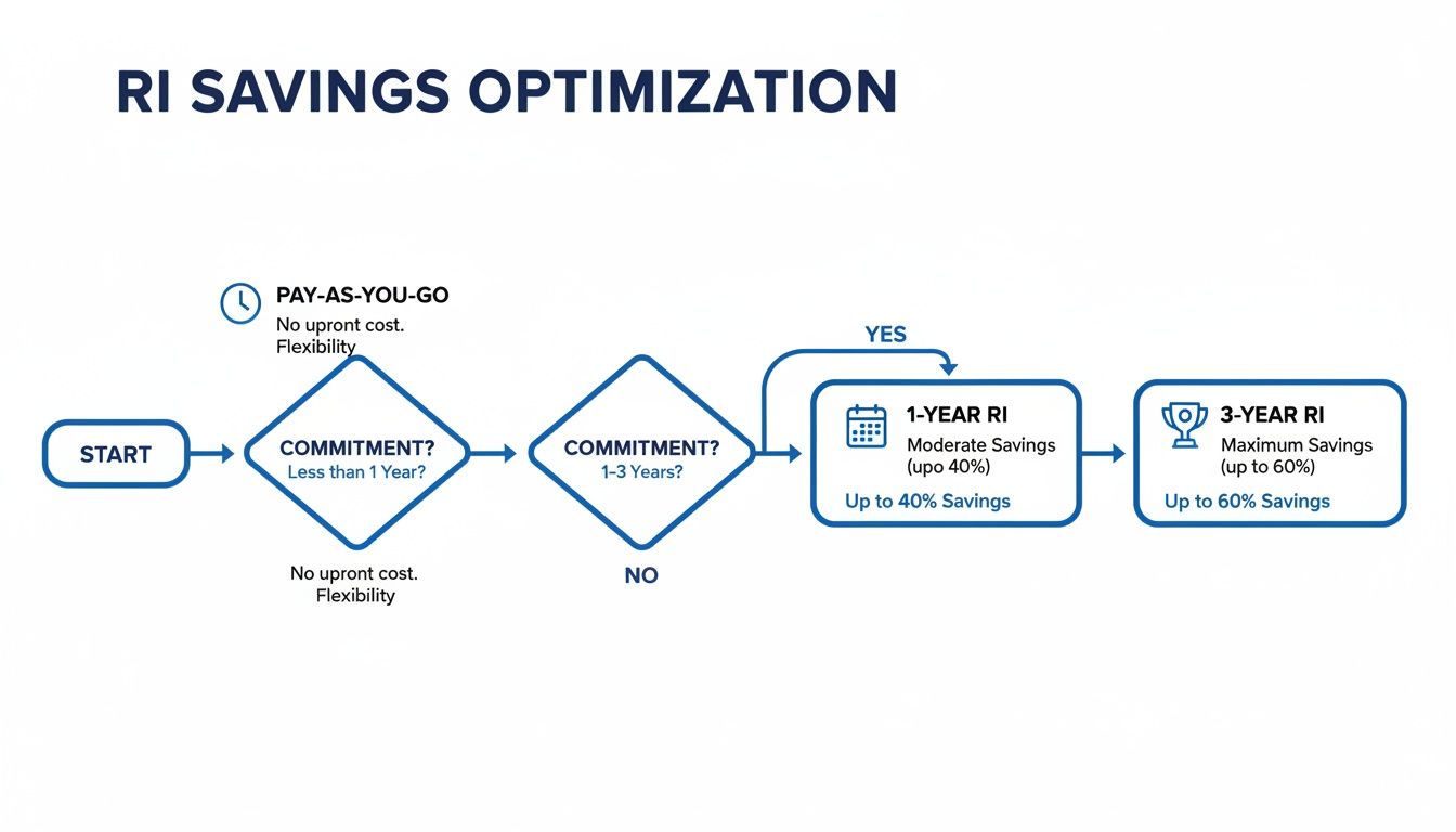 Flowchart detailing Reserved Instance (RI) savings optimization based on commitment periods, from pay-as-you-go to 3-year plans.