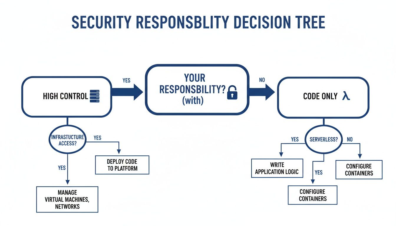 A decision tree flowchart illustrating security responsibilities based on infrastructure access and serverless choices.