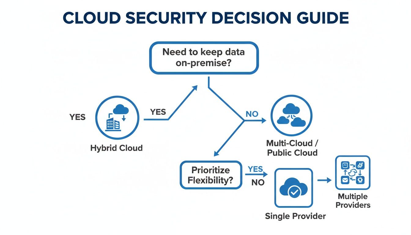 A cloud security decision guide flowchart showing options for hybrid, multi-cloud, single, or multiple providers.