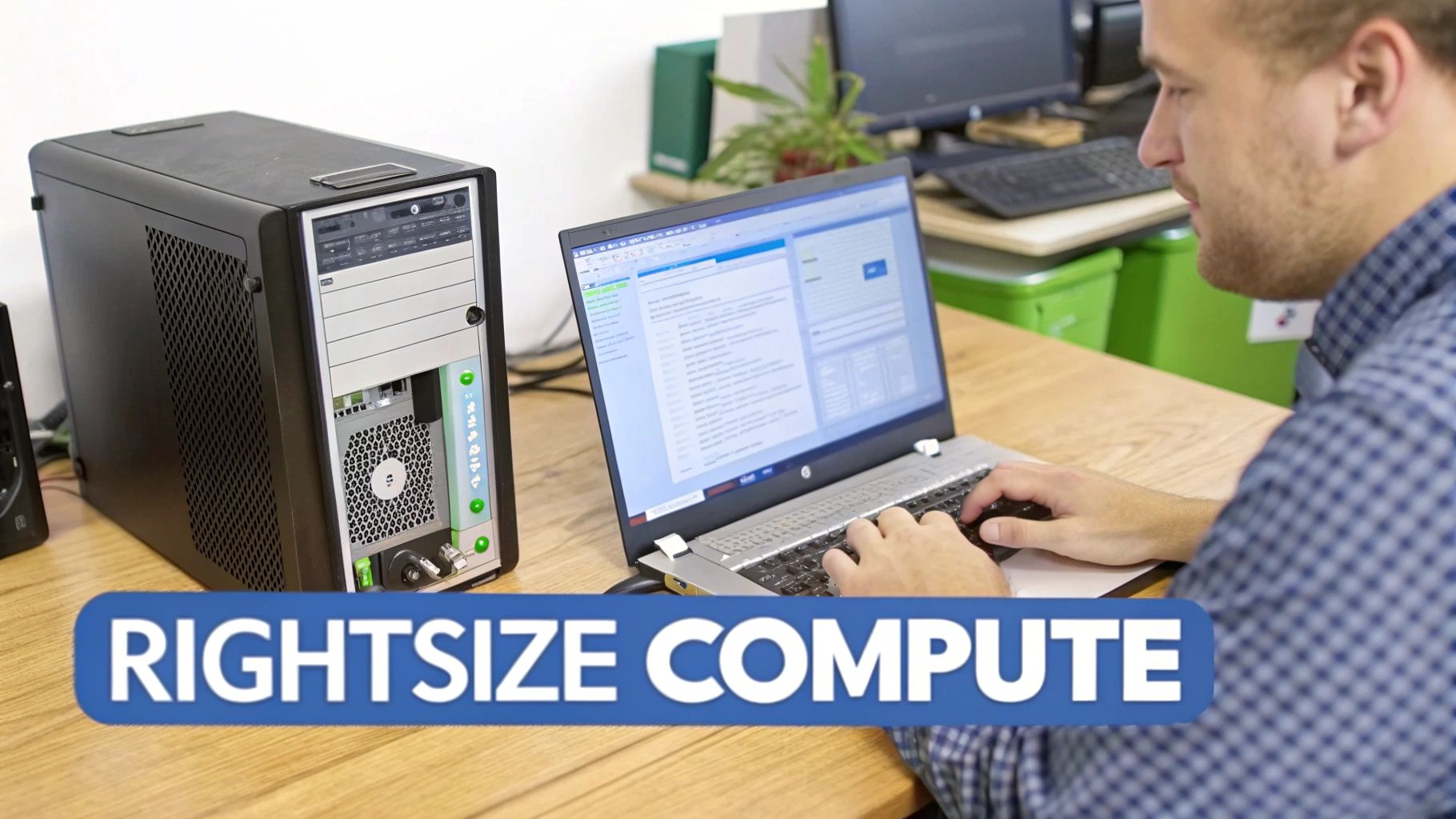 A person types on a laptop next to a large computer tower, with 'RIGHTSIZE COMPUTE' text.