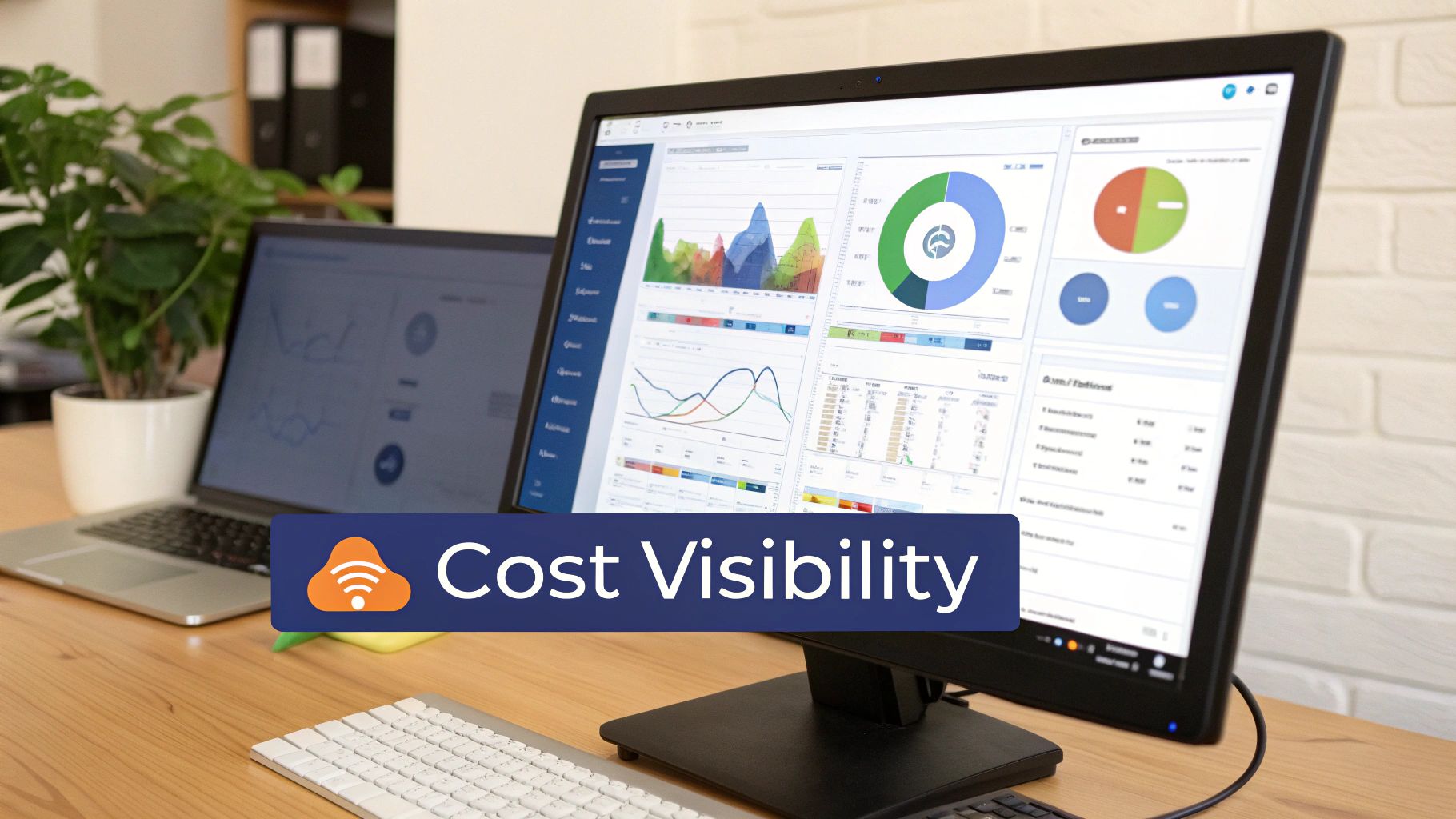 A desk with computer screens displaying data dashboards, emphasizing cost visibility and financial analysis.