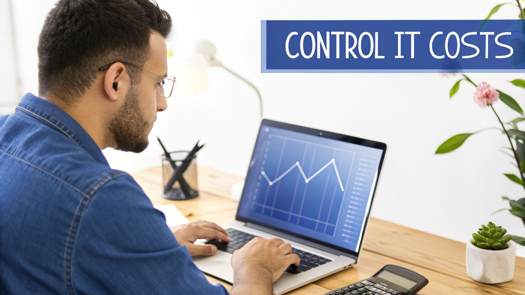 A man analyzes a financial graph on his laptop, focusing on controlling IT costs.