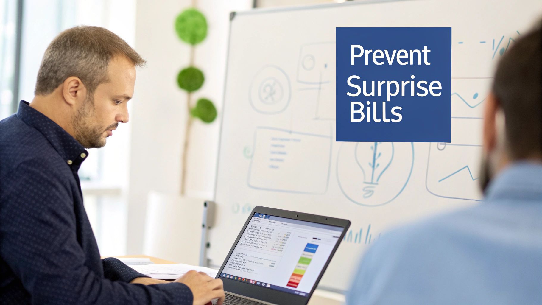 A man intensely analyzes data on a laptop in an office, with a whiteboard displaying 'Prevent Surprise Bills' in the background.