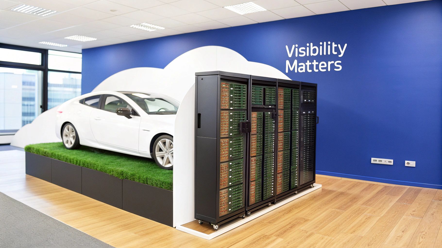 A white car displayed on artificial grass next to multiple server racks, with a blue wall.