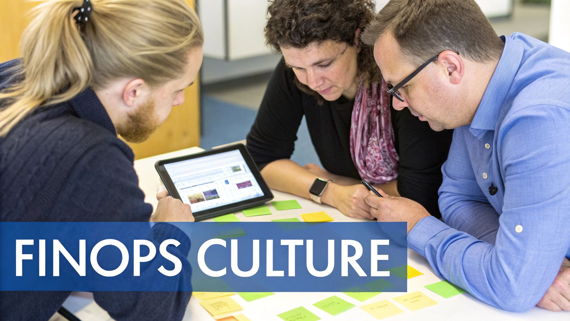 Three diverse people collaborate around a table with a tablet and sticky notes, discussing FinOps culture.