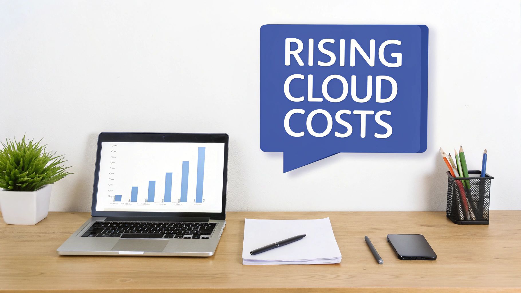 A chart showing rising cloud costs with a magnifying glass over it, representing analysis of spending.