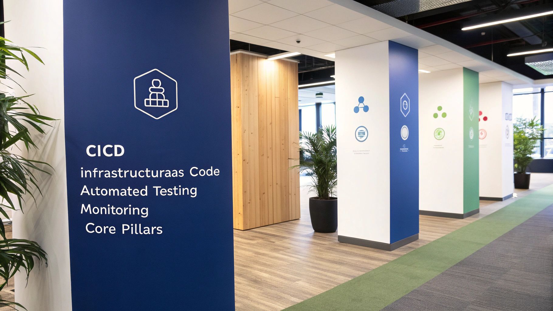 Modern office hallway with pillars, one prominently displaying 'CICD Core Pillars' text and a tech icon.