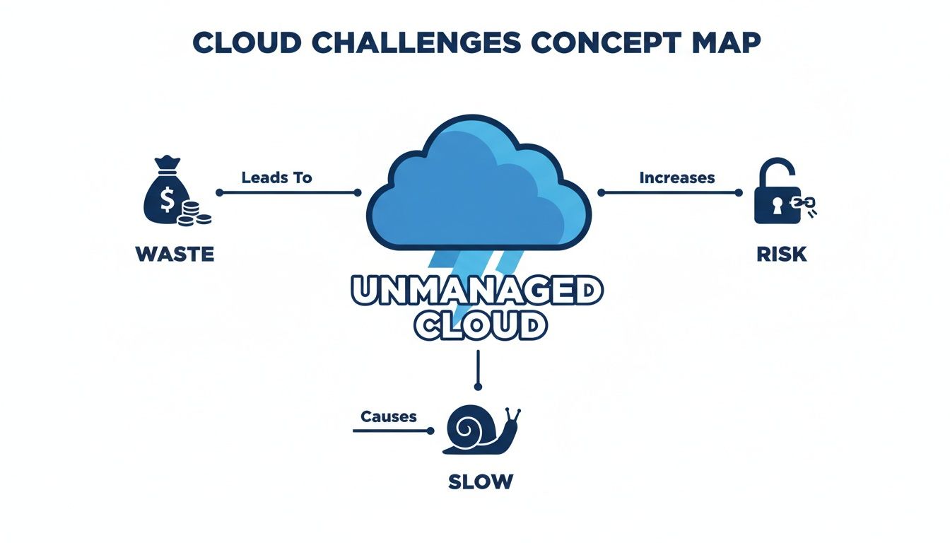 Concept map illustrating cloud challenges, showing unmanaged cloud leads to waste, increased risk, and slow performance.