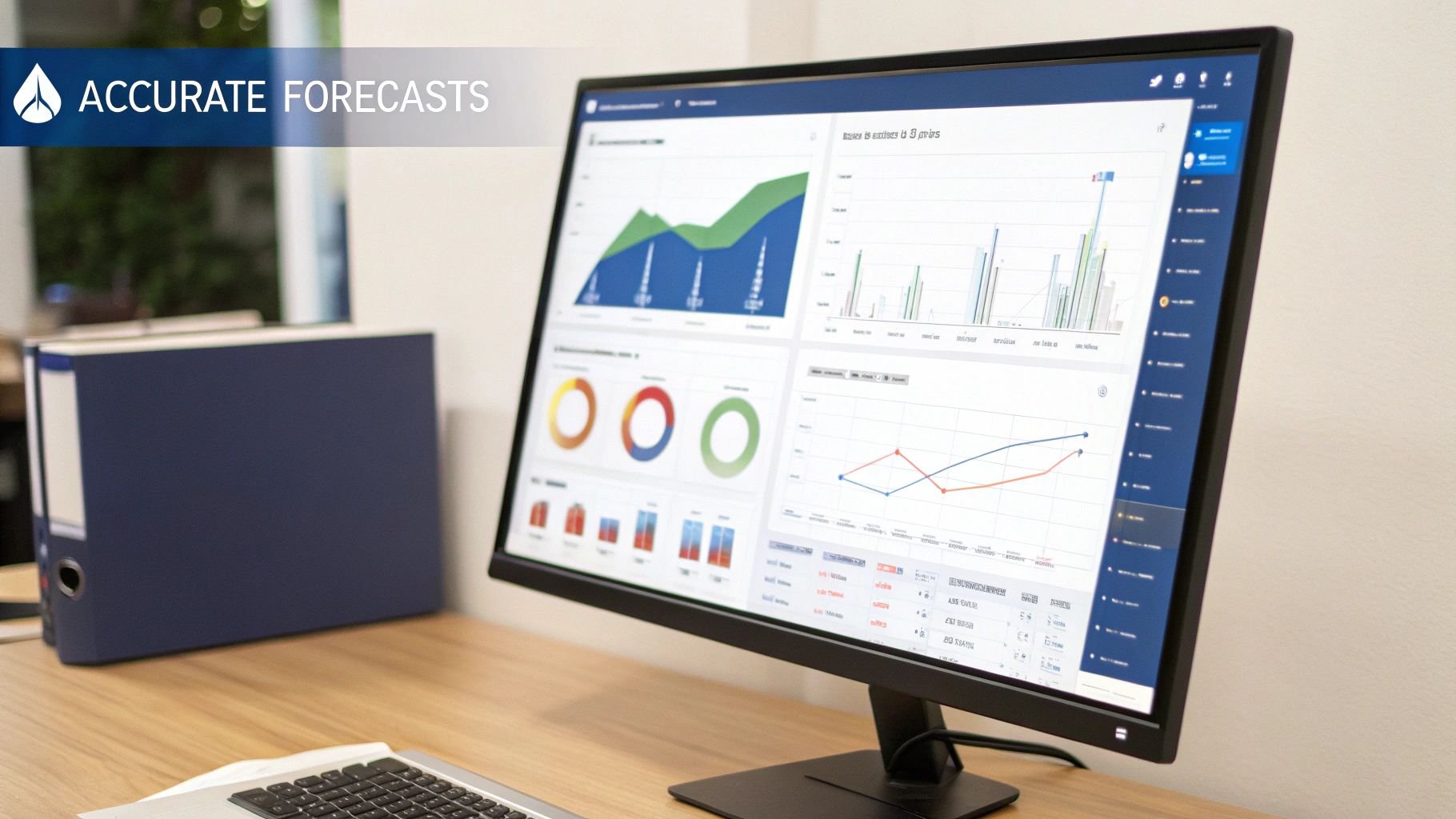A computer monitor displays business intelligence dashboards with various charts and graphs, showing accurate forecasts.