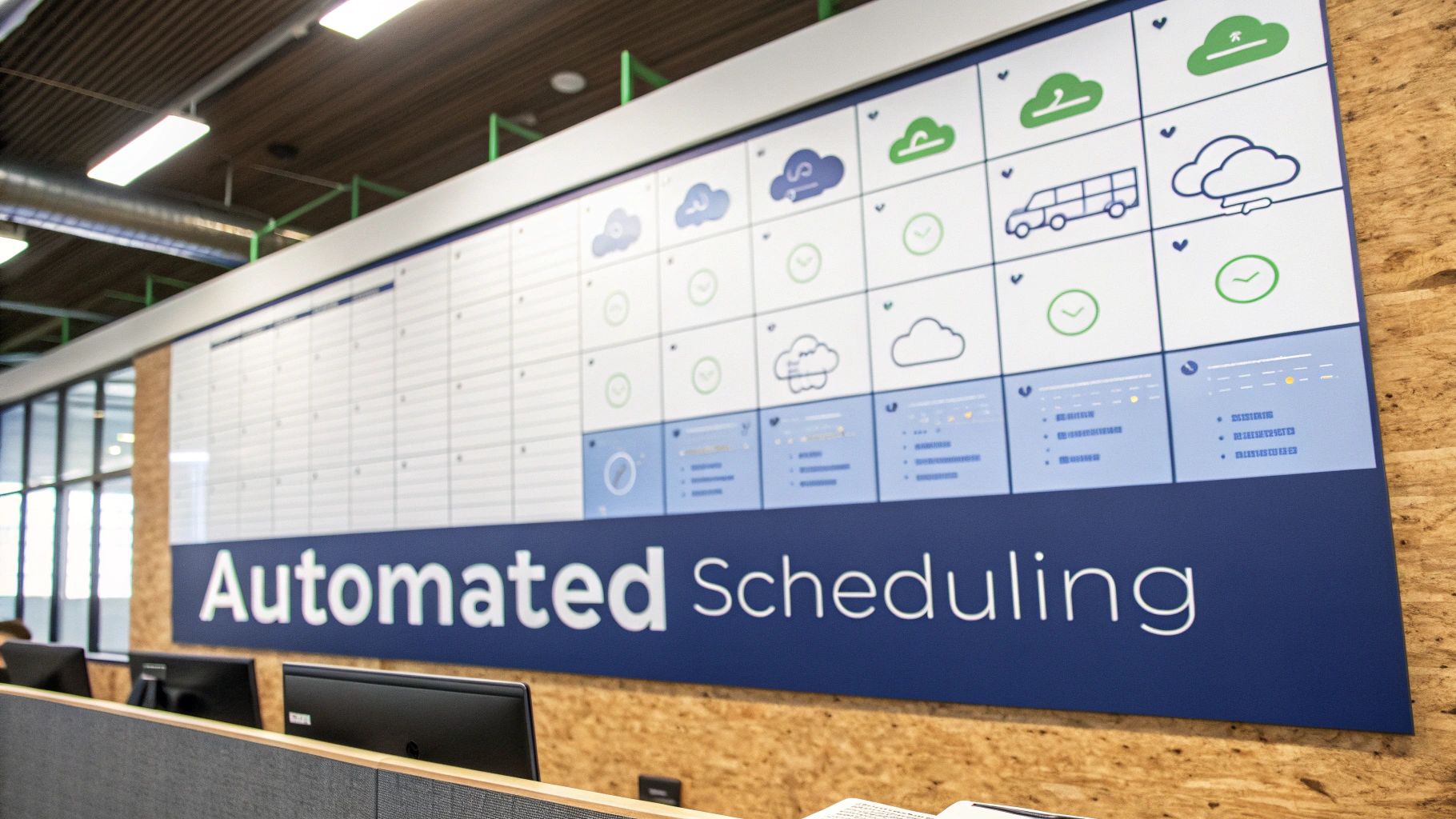 Engineers collaborating around a screen showing a schedule, symbolizing automated cloud cost management.