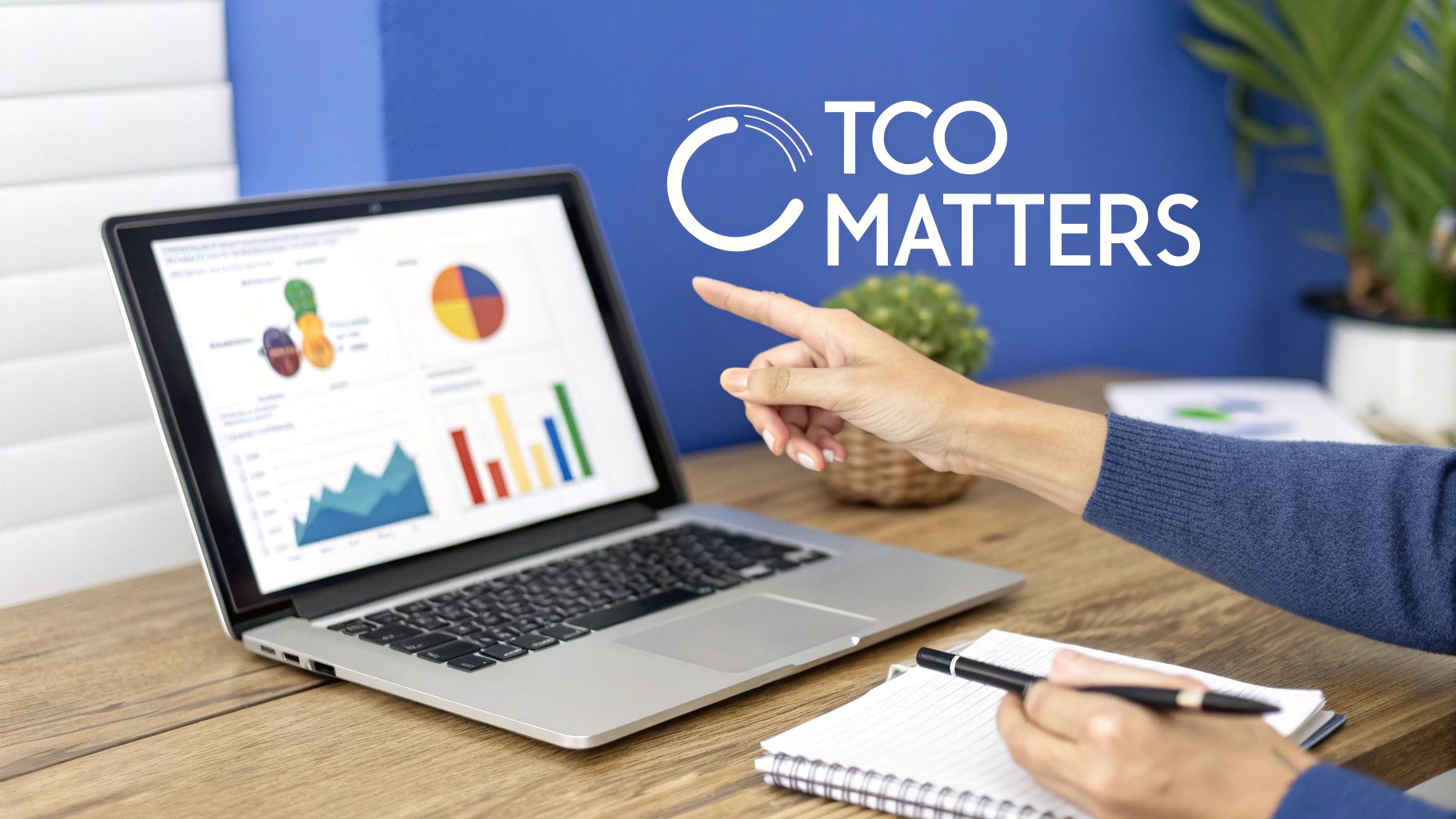 A person points at a laptop displaying financial charts and graphs with "TCO MATTERS" text.