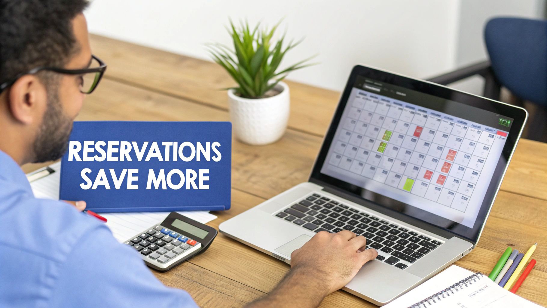 A man managing online reservations on a laptop with a sign reading 'RESERVATIONS SAVE MORE'.