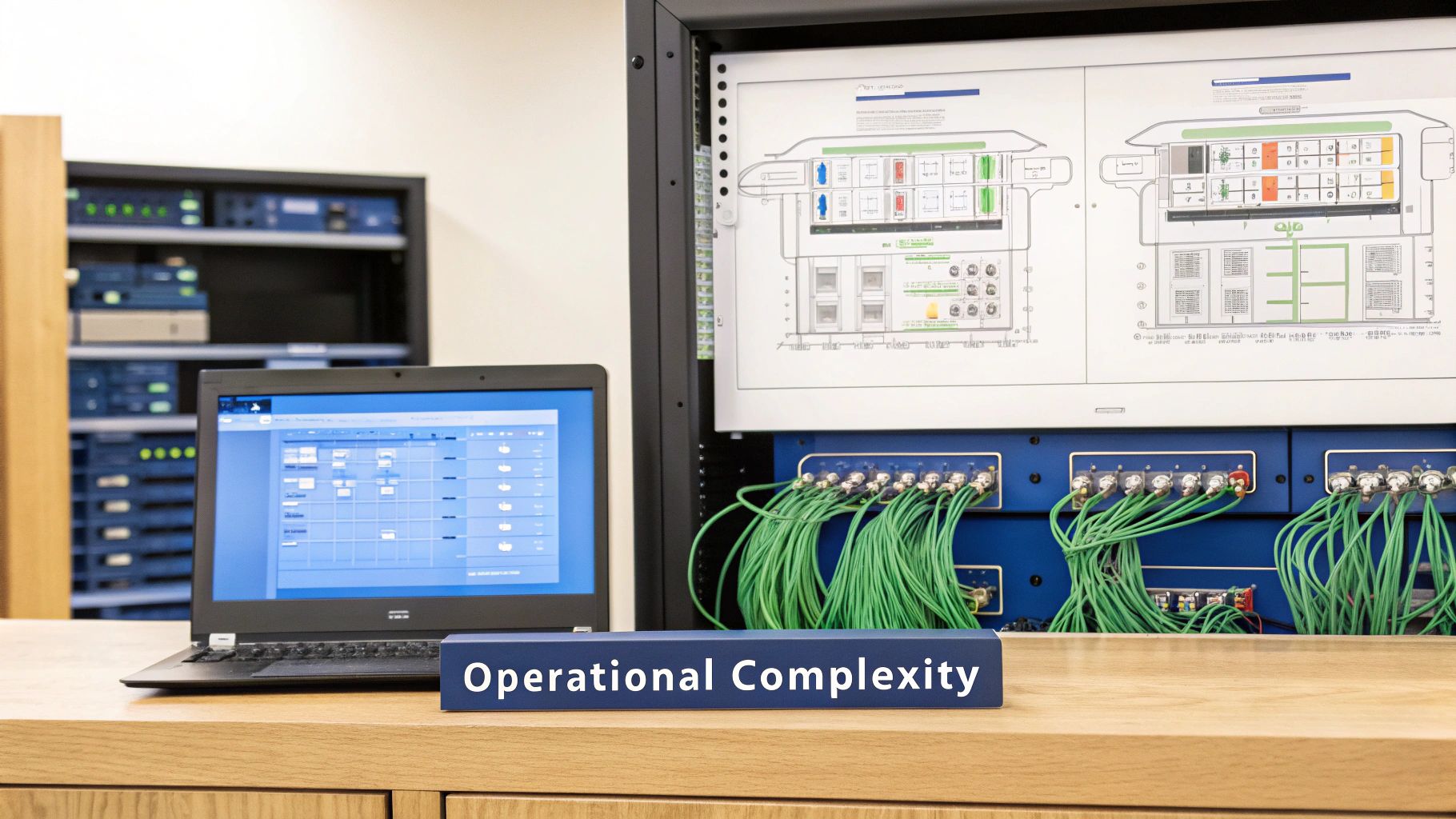 A laptop on a wooden desk with a server rack, green cables, and an 'Operational Complexity' sign.