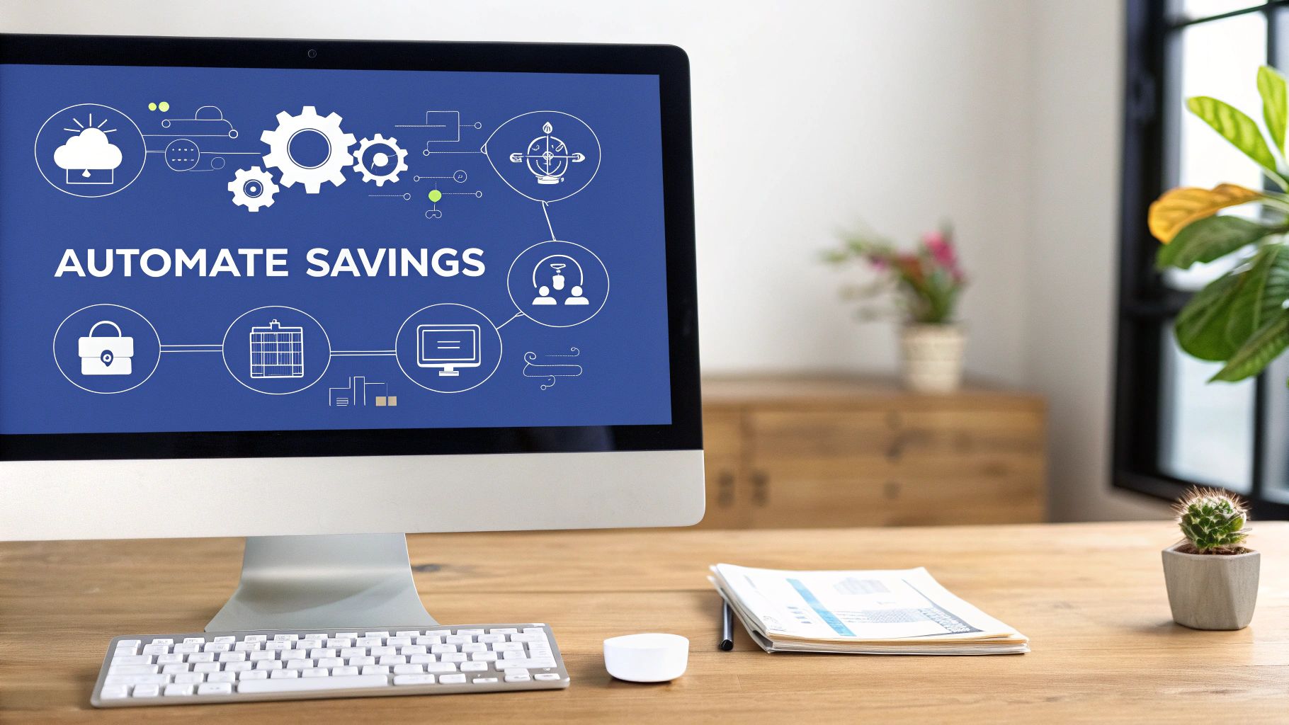 A computer screen shows 'AUTOMATE SAVINGS' and a diagram with icons for cloud, security, and data on a desk.