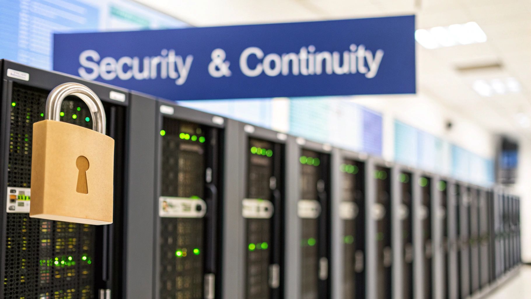 A padlock symbolizing data security hangs in front of rows of server racks with a 'Security & Continuity' sign.