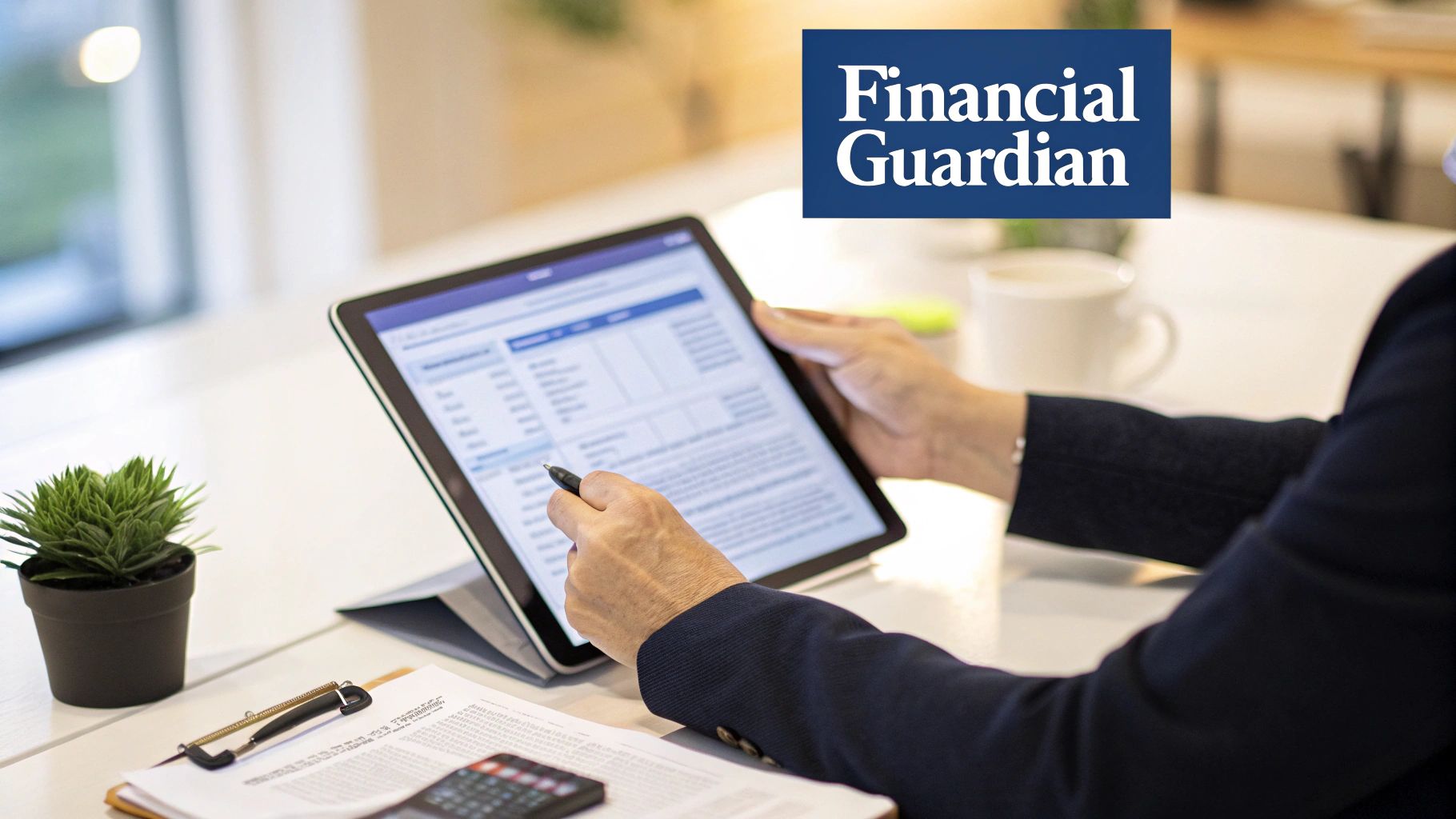 A professional working on financial documents in a modern office, representing a FinOp.