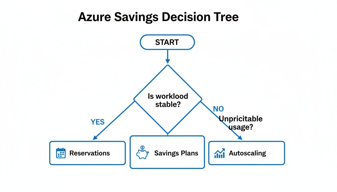 Decision tree illustrating Azure savings strategies based on workload stability and usage patterns.