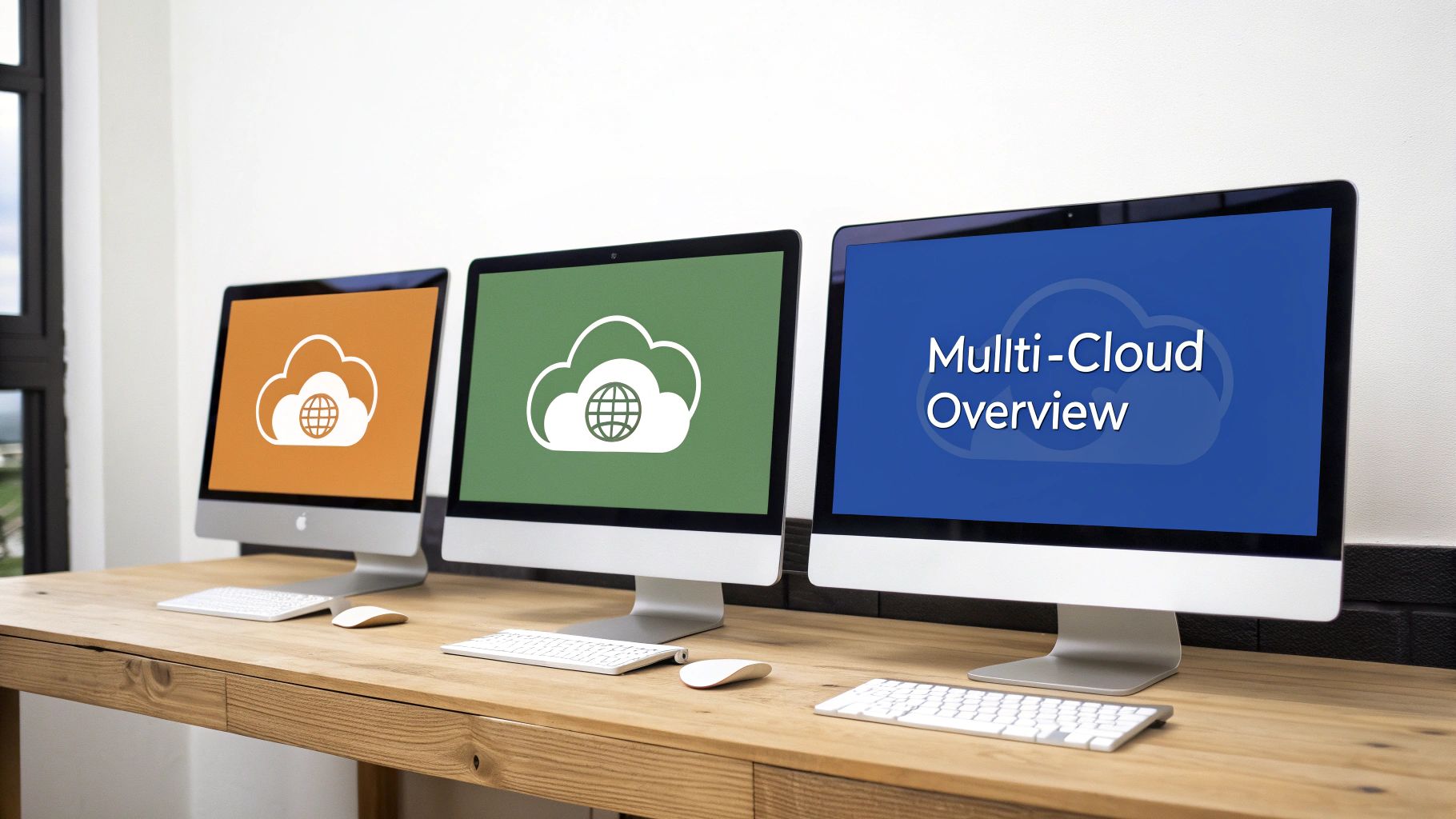 A team of IT professionals managing cloud infrastructure on multiple screens