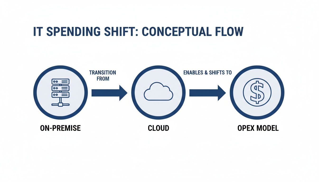 Conceptual flow diagram illustrating the IT spending shift from on-premise infrastructure to cloud, enabling an OPEX model.