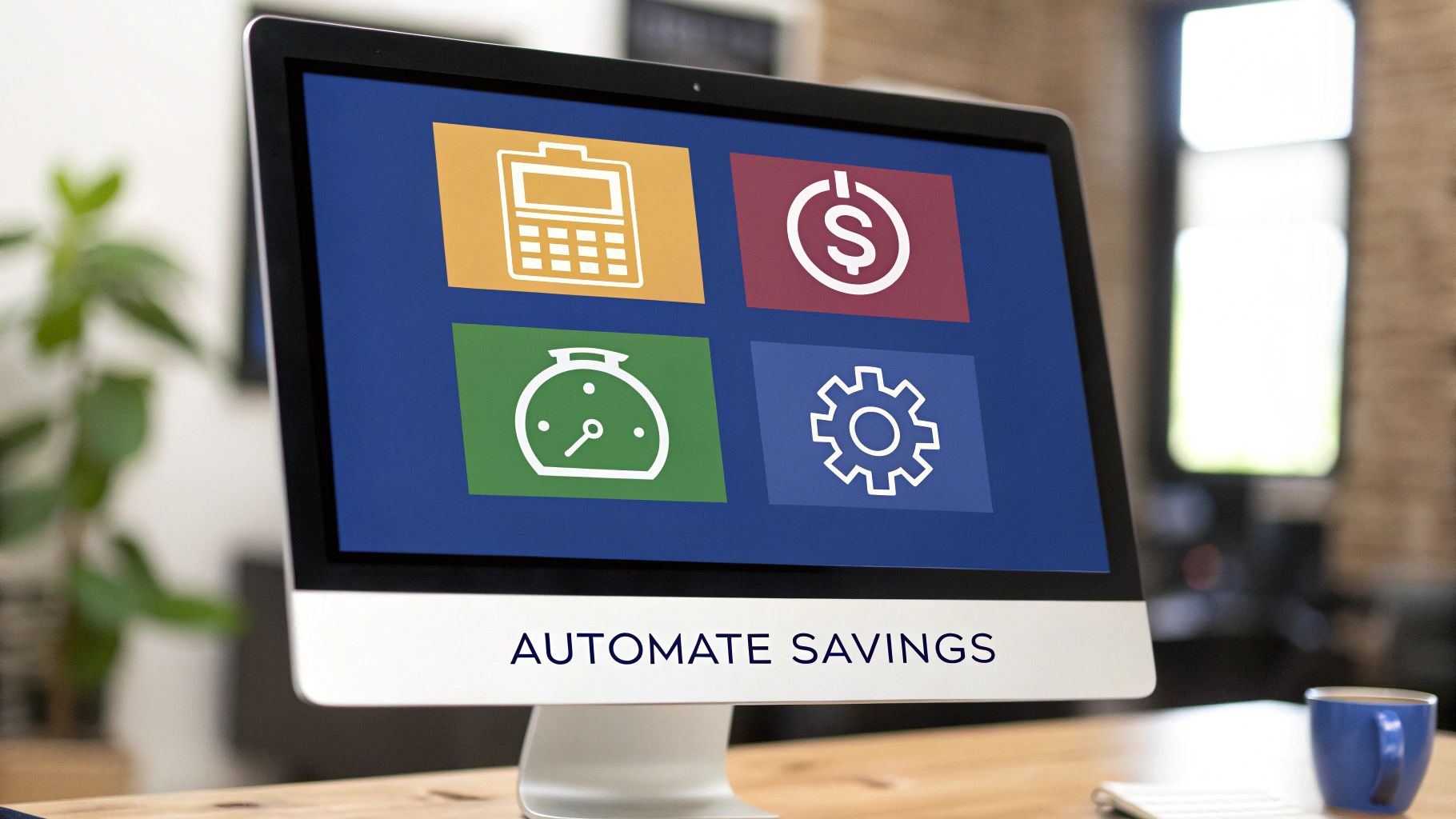 A computer screen displays icons for calculation, savings, time, and settings, with 'Automate Savings' text below.