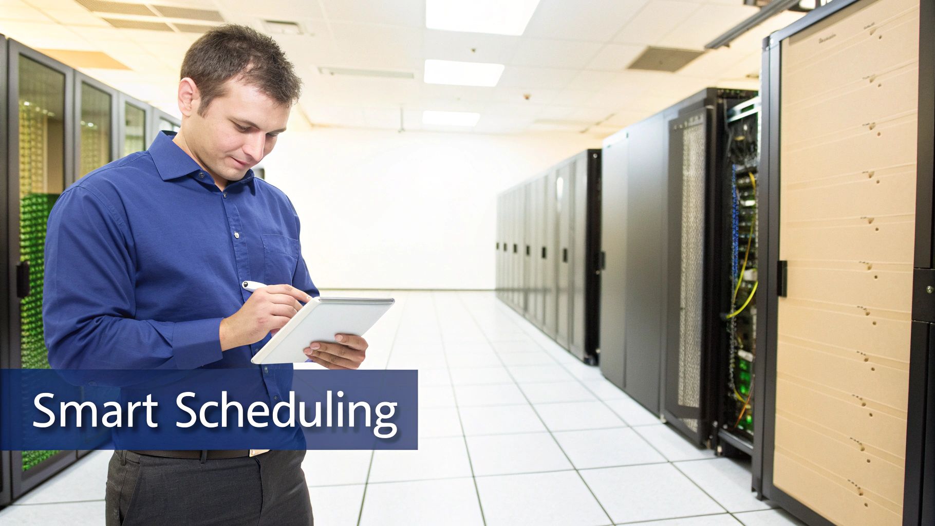 Man in a blue shirt using a tablet with a stylus in a modern data center.