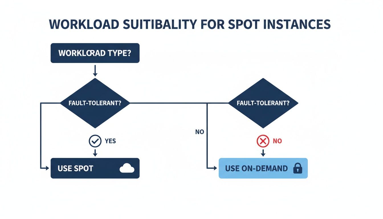 Flowchart illustrating workload suitability for cloud Spot instances based on fault tolerance decisions.