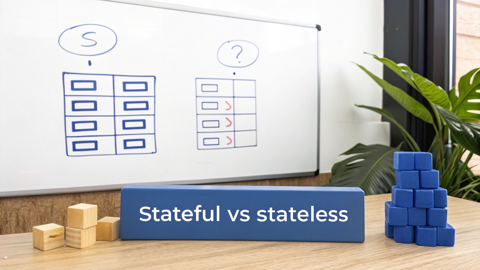 Whiteboard showing diagrams for stateful and stateless concepts, with text 'Stateful vs stateless' on a blue block.