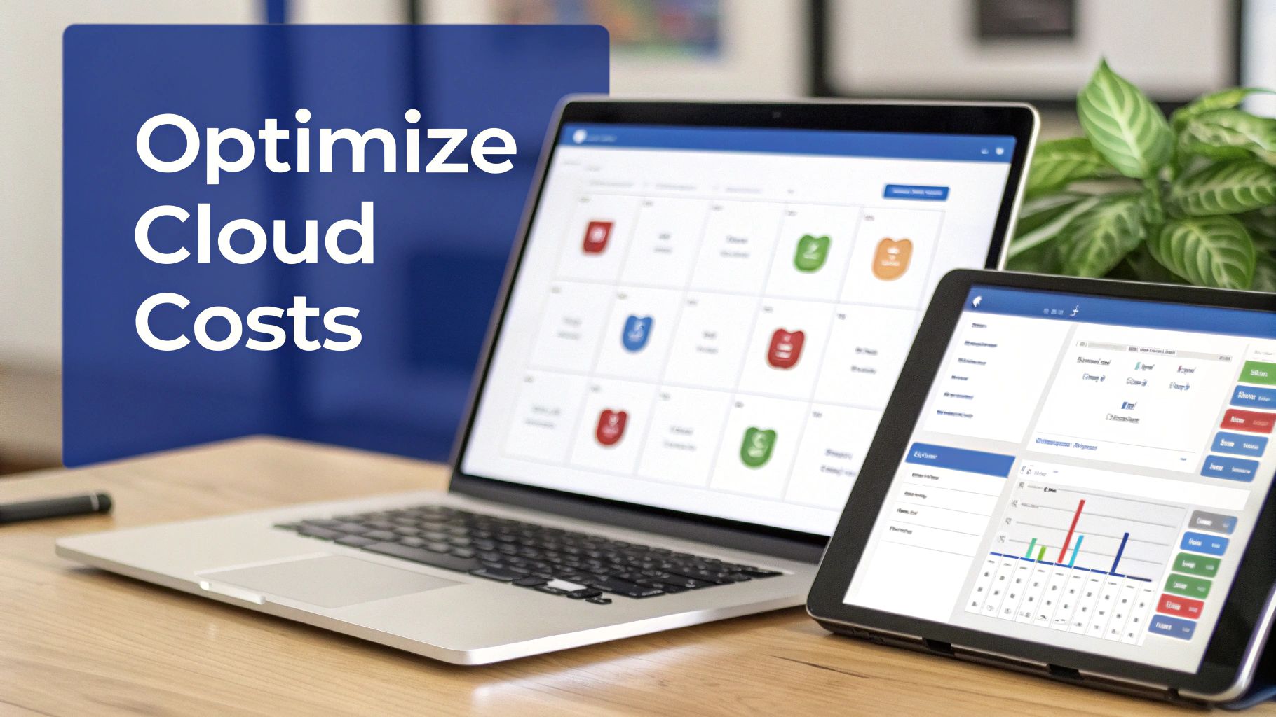 A laptop and tablet display dashboards for optimizing cloud costs on a wooden desk.