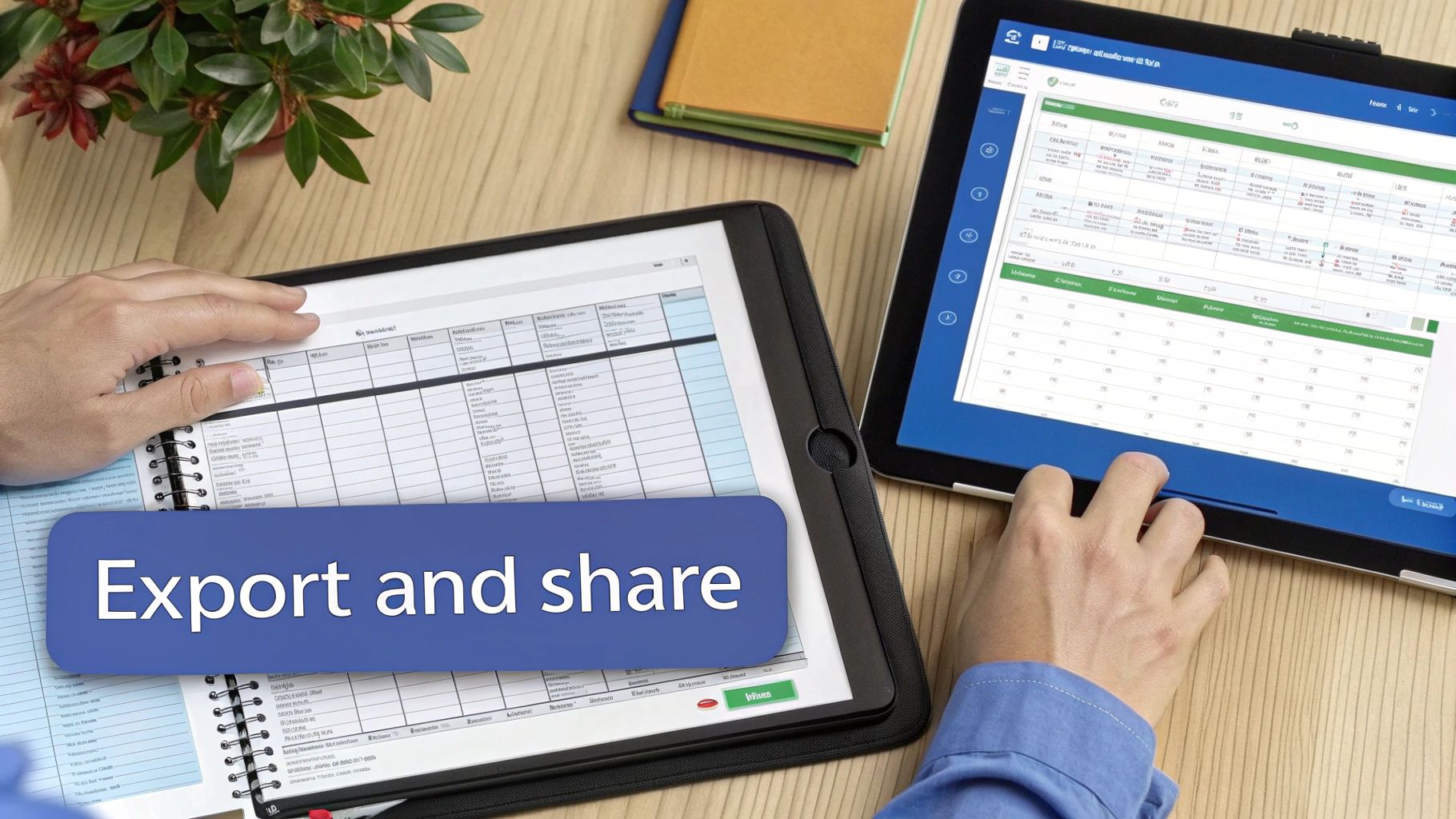 Two people working on tablets displaying spreadsheet data, with a blue 'Export and share' banner.