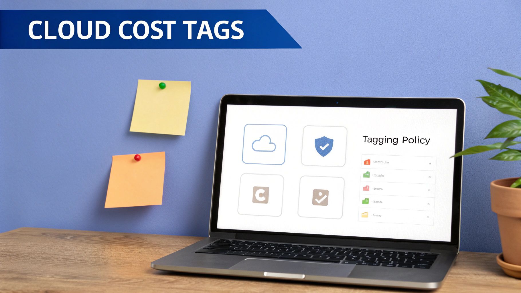 A laptop screen displays 'Tagging Policy' and cloud service icons with 'CLOUD COST TAGS' banner.