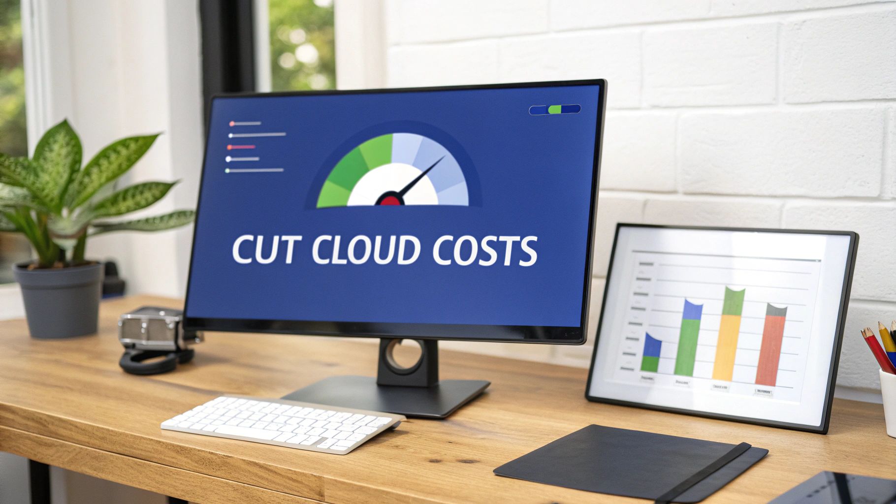 A computer monitor displays 'CUT CLOUD COSTS' with a gauge, alongside a framed bar chart.